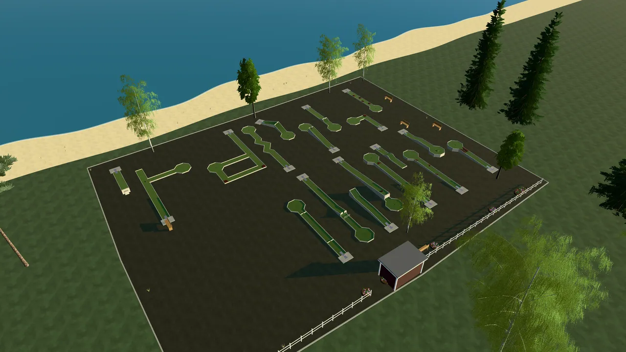 Vi Bangolfpark i spelets 3D-scen, sedd från ovan i kvällsljus