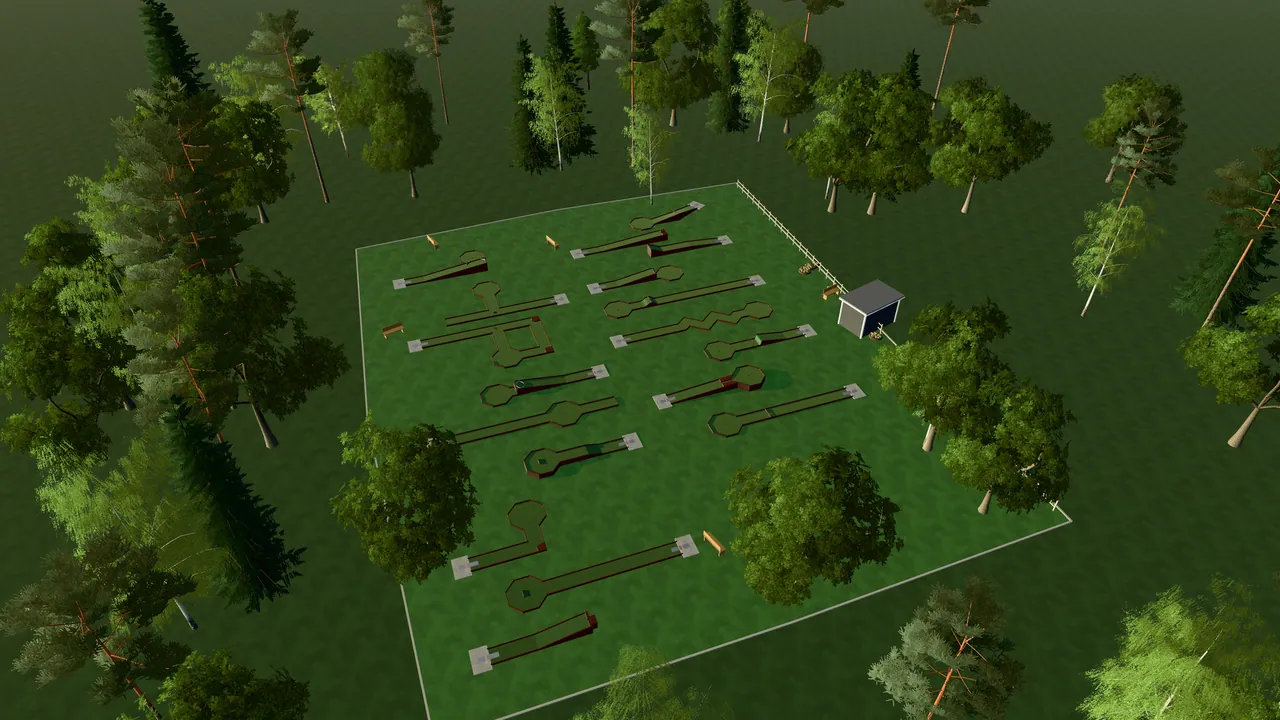 Vingåkers Bangolfpark i spelets 3D-scen, sedd från ovan i kvällsljus