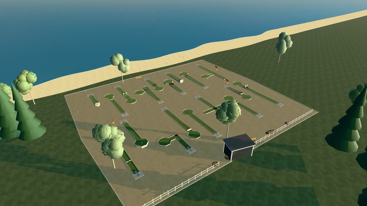 Visby Bangolfpark i spelets 3D-scen, sedd från ovan