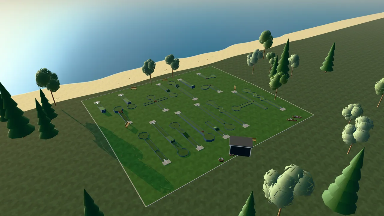 Ystads Bangolfpark i spelets 3D-scen, sedd från ovan i kvällsljus